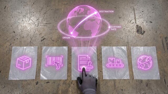 Logistics and global supply chain management concept, hands interacting with icons of package, barcode, customs declaration, conveyor belt, and world globe, international shipping tracking