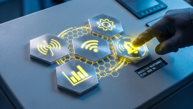 Predictive maintenance and industrial IoT concept, employee interacting with icons of gear, wifi, notification bell and data chart, smart factory automation, machine monitoring, analytics