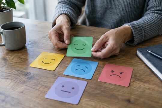 Close-up of adult hands choosing among simple color emotion cards with abstract faces, no words, mental health and emotional wellbeing concept