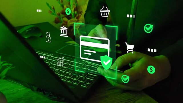 Secure online payment concept, showing digital credit card transaction, highlighting fintech innovation, financial security, encryption, and global ecommerce trends
