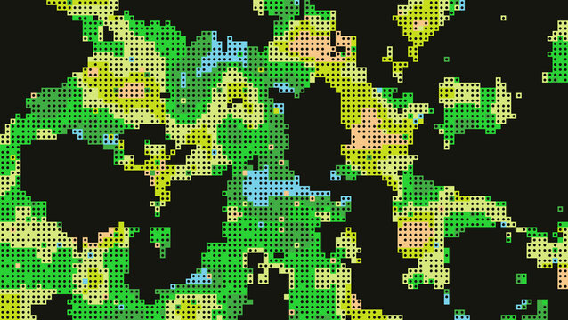 Abstract digital pattern with green and yellow circular dot clusters on black as PNG element
