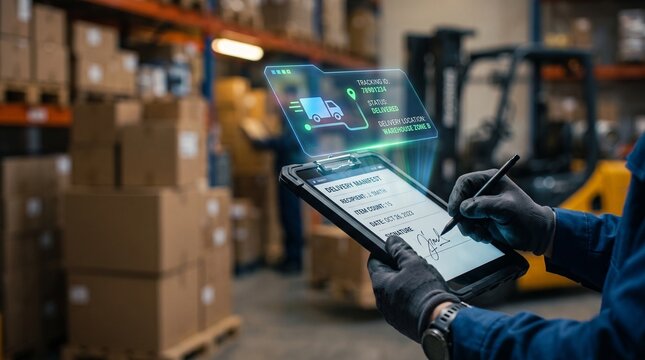 Hand signing a digital delivery manifest on a smart clipboard, glowing logistics data HUD, blurred background with forklift, shallow depth of field, cinematic lighting, wide empty space on the left