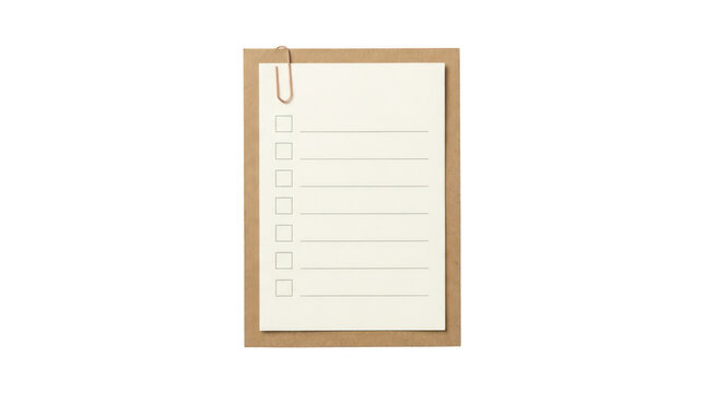 Blank checklist or todo list on a notepad with a paperclip, ready for planning and organization, perfect for notes, tasks, and goals, isolated on transparent background