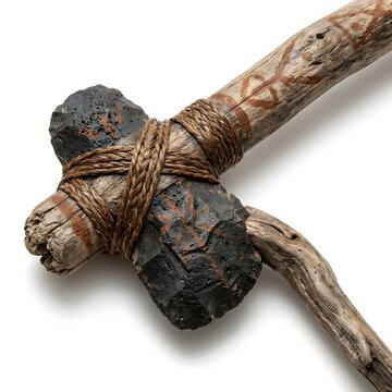 Ancient Stone Axe with Wooden Handle and Rope Binding on White Background.