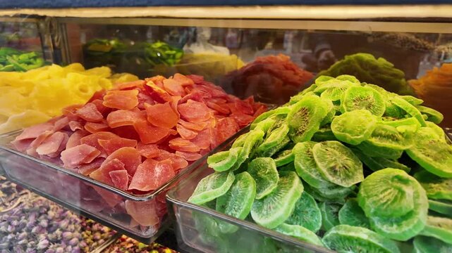 Assorted colorful dried fruits display in glass containers at market stall indoor footage.
