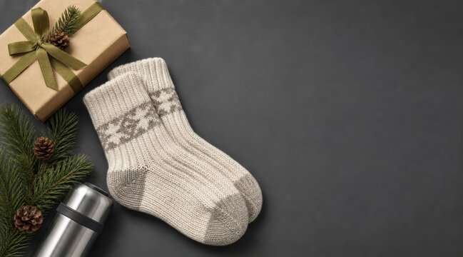 Knitted thermal winter socks with gift and pine branch flat lay