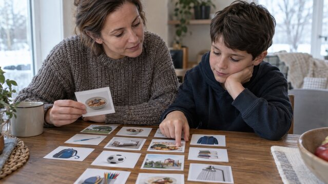 A set of picture-based daily routine cards arranged on a table, no readable words or brands, mental health and emotional wellbeing concept