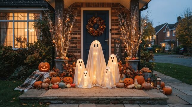 Festive Halloween front porch decorated with glowing ghost figures and carved orange pumpkins