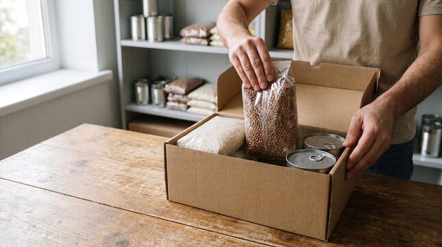 Volunteer packing food donation box with staples