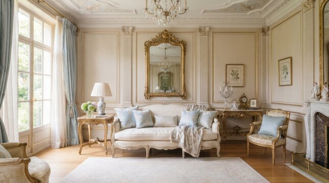Elegant French provincial living room interior with a classic sofa and ornate gold mirror
