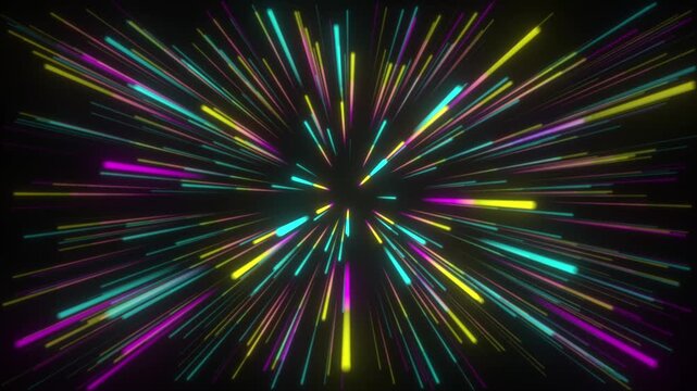 Abstract hyperspace jump background featuring vibrant neon starburst lines in pink yellow and teal colors loopable motion design.