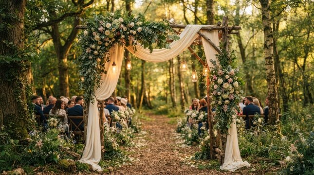 Rustic woodland wedding ceremony arch decorated with fresh flowers and soft hanging lights