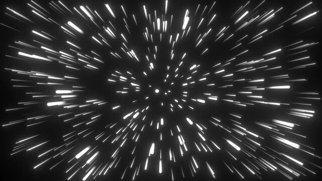 Abstract space warp speed loop with glowing white light streaks flying past camera creating a dynamic hyperspace cosmic motion background.