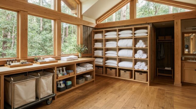 Organized linen closet in a rustic wooden cabin with large windows overlooking a lush forest