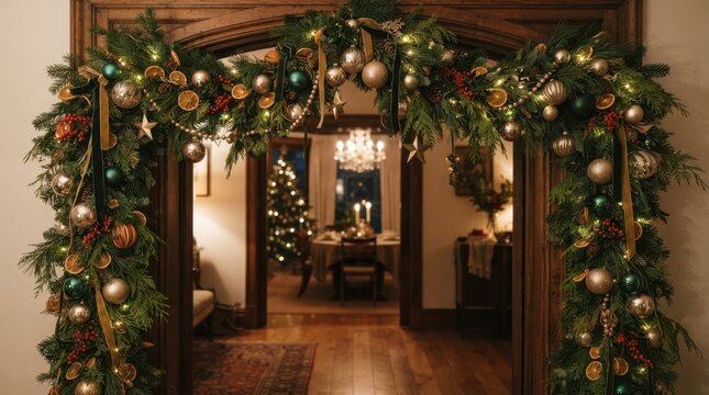 Elegant Christmas garland decorating a wooden doorway in a cozy, festive home interior setting