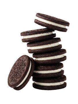 a stack of chocolate sandwich cookies with white cream filling on transparent background