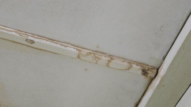 Close-up view of peeling white paint, weathered wood, stains, and signs of water damage on an aged building surface, representing deterioration, decay, and maintenance issues.