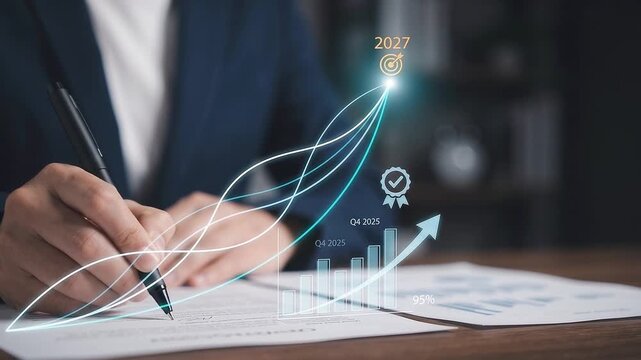 Corporate professional signing contract on desk with glowing quarterly growth bar chart and curved trajectory lines pointing toward year 2027 target.