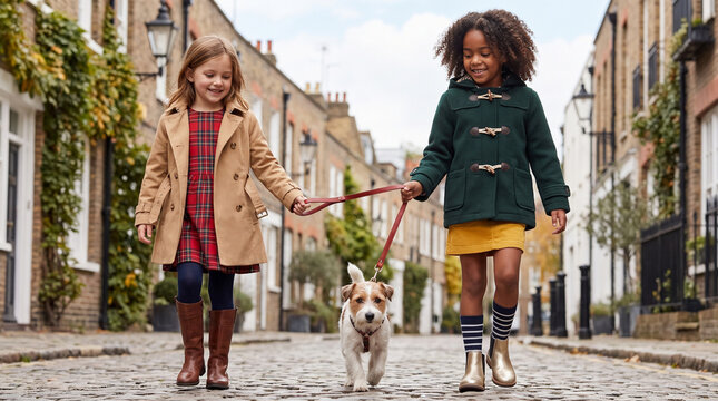 Two cheerful diverse little girls in stylish warm autumn coats happily walking a cute small pet dog on a leash together along a beautiful historic cobblestone city street.
