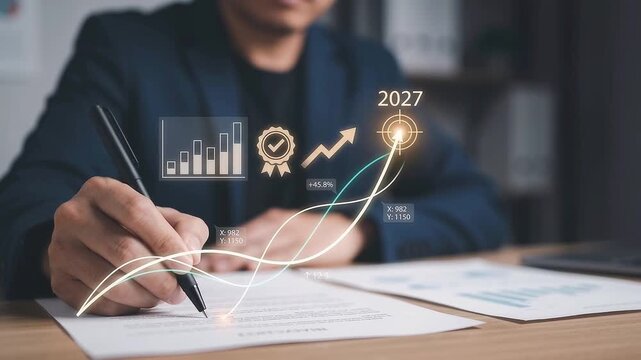 Businessman signing paper contract with pen under glowing holographic curved trendline and bar chart aiming directly at year 2027 strategic business target.