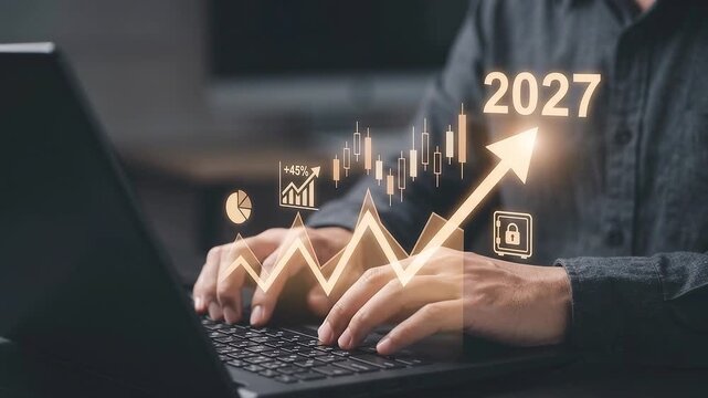 Trader typing on laptop keyboard with dynamic glowing stock market candlestick charts and trendline shifting to golden glow for 2027.