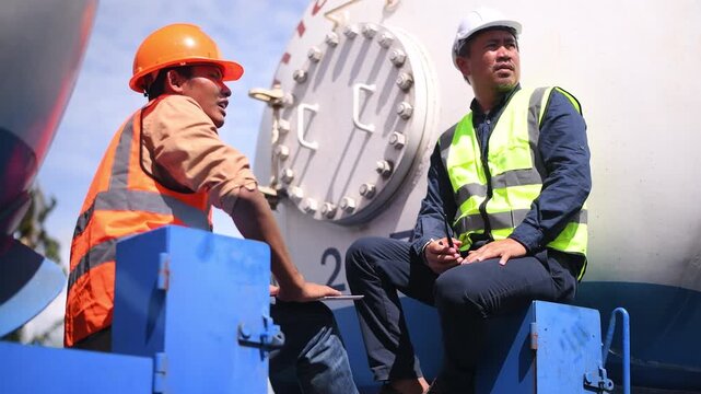 Engineer under inspection and checking construction process railway switch and checking work on railroad station .Engineer wearing safety uniform and safety helmet in work.	