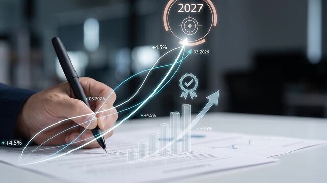 Hand signing corporate paper contract with fountain pen under glowing holographic upward financial growth chart leading to 2027 goal.
