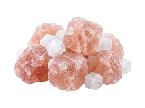 Pink Himalayan salt rocks coarse natural crystals pile isolated on black background for gourmet cooking, wellness, spa, body scrub, seasoning, pure mineral salt rock background studio shot