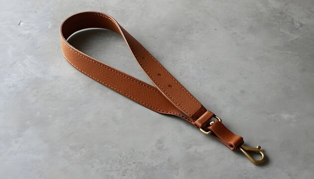 A sharp, simple lifestyle photograph of a classic premium dark tan leather camera neck strap with heavy stitching and brass buckles