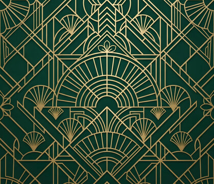 Luxurious Art Deco seamless pattern with gold geometric lines and fan motifs on a dark green background
