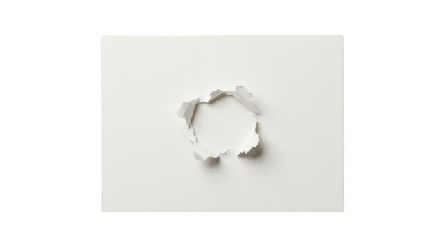 A sheet of white paper with a torn hole in the center, isolated on transparent background