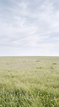 Vast Open Green Grassy Field Stretching Under a Dramatic Cloudy Sky