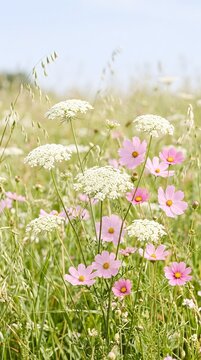 Close-up Shot of Pink Cosmos Flowers Blooming Gracefully in Tall Green Grass