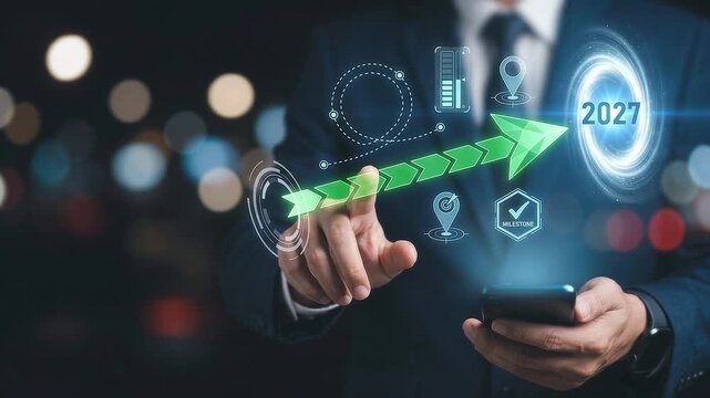 Hand touching dynamic glowing trajectory arrow shifting color from red to green toward 2027 target portal with business growth milestone symbols.