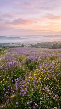 Hilly Lavender and Wildflower Meadow Under a Soft Morning Sunrise Sky