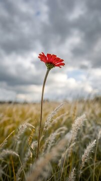 Single Red Poppy Flower on a Tall Stem Against a Dramatic Cloudy Sky