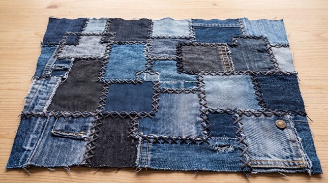 Handmade Denim Patchwork Mat on Wooden Surface.