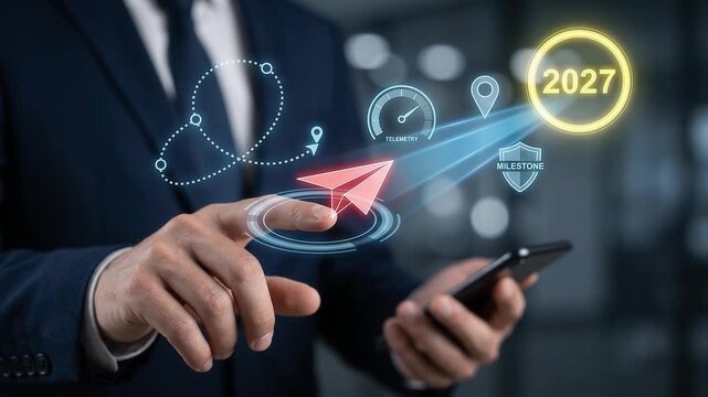 Corporate executive launching virtual paper airplane from smartphone towards year 2027 milestone goal with digital telemetry and navigation route icons.