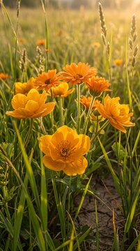 Bright Orange Wildflowers Blooming in a Lush Green Meadow Under Sunlight