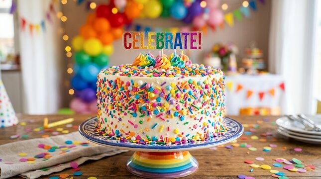 Colorful Birthday Cake with Sprinkles and Celebrate Topper.