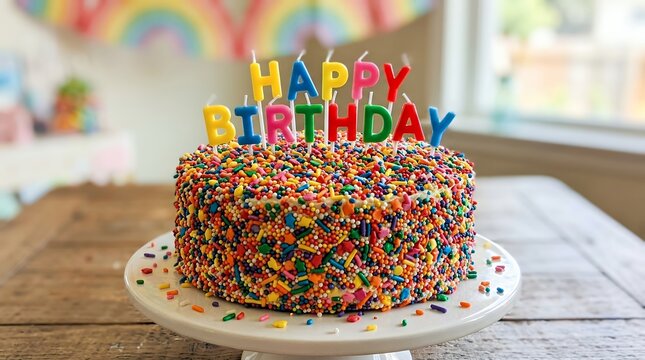Colorful Birthday Cake with Sprinkles and Candles.