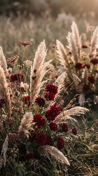 Rustic Dried Floral Arrangement with Pampas Grass and Red Blooms