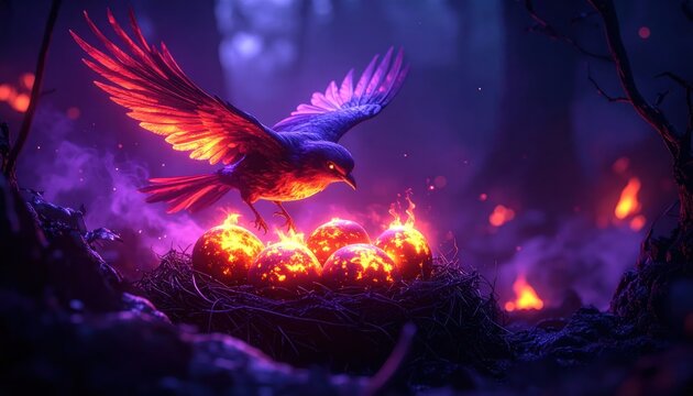 Glowing phoenix bird perched on fiery nest in forest.