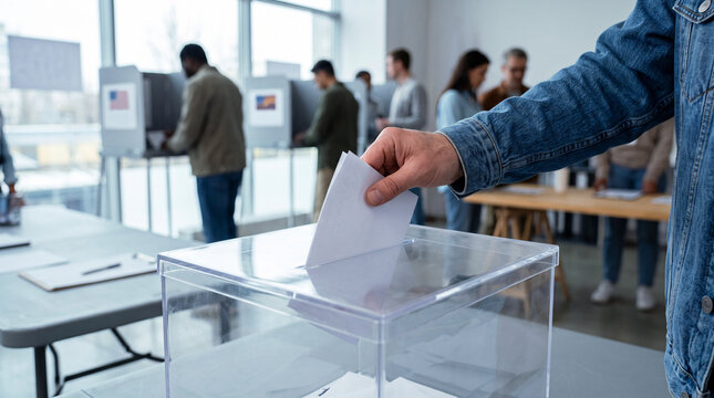 Voters hand casting ballot into clear box at a busy election polling station