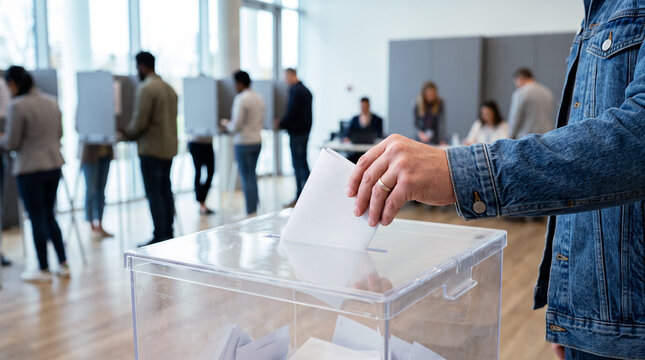 Person casting a vote in a ballot box at a polling station