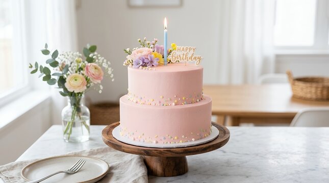 Elegant Two-Tier Pink Birthday Cake with Candles and Floral Decorations.
