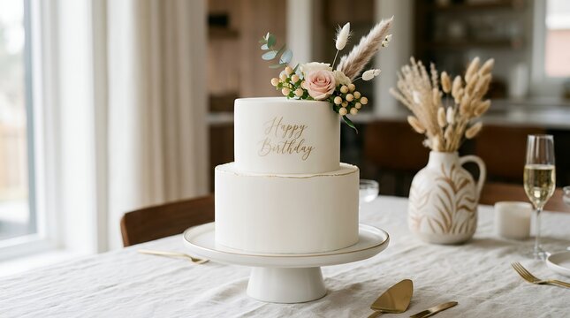 Elegant Two-Tier White Wedding Cake with Floral Topper on a White Tablecloth.