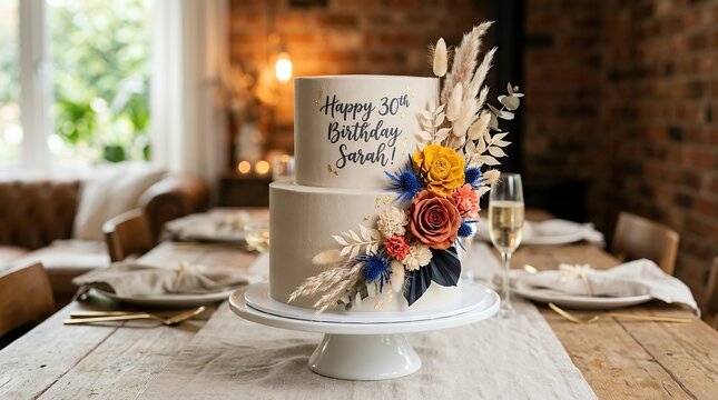 Elegant Two-Tiered Birthday Cake with Floral Decorations on a Rustic Dining Table.