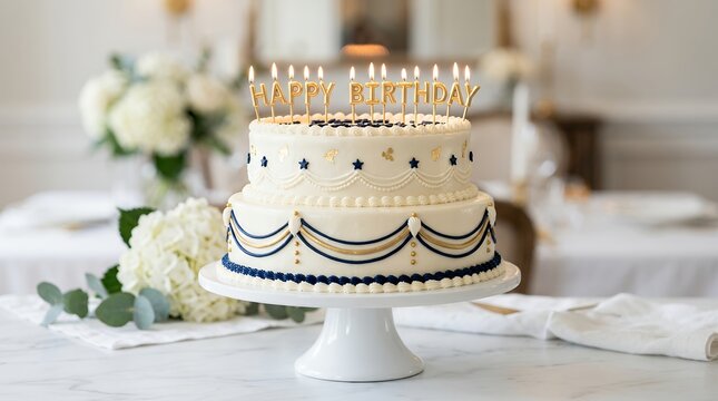 Elegant Two-Tiered Birthday Cake with Lit Candles on a White Table.