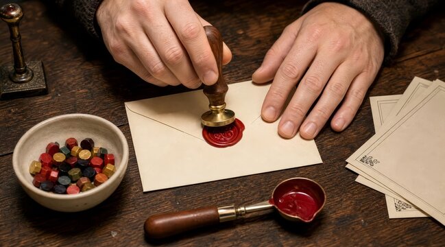 Wax seal stamp on cream envelope